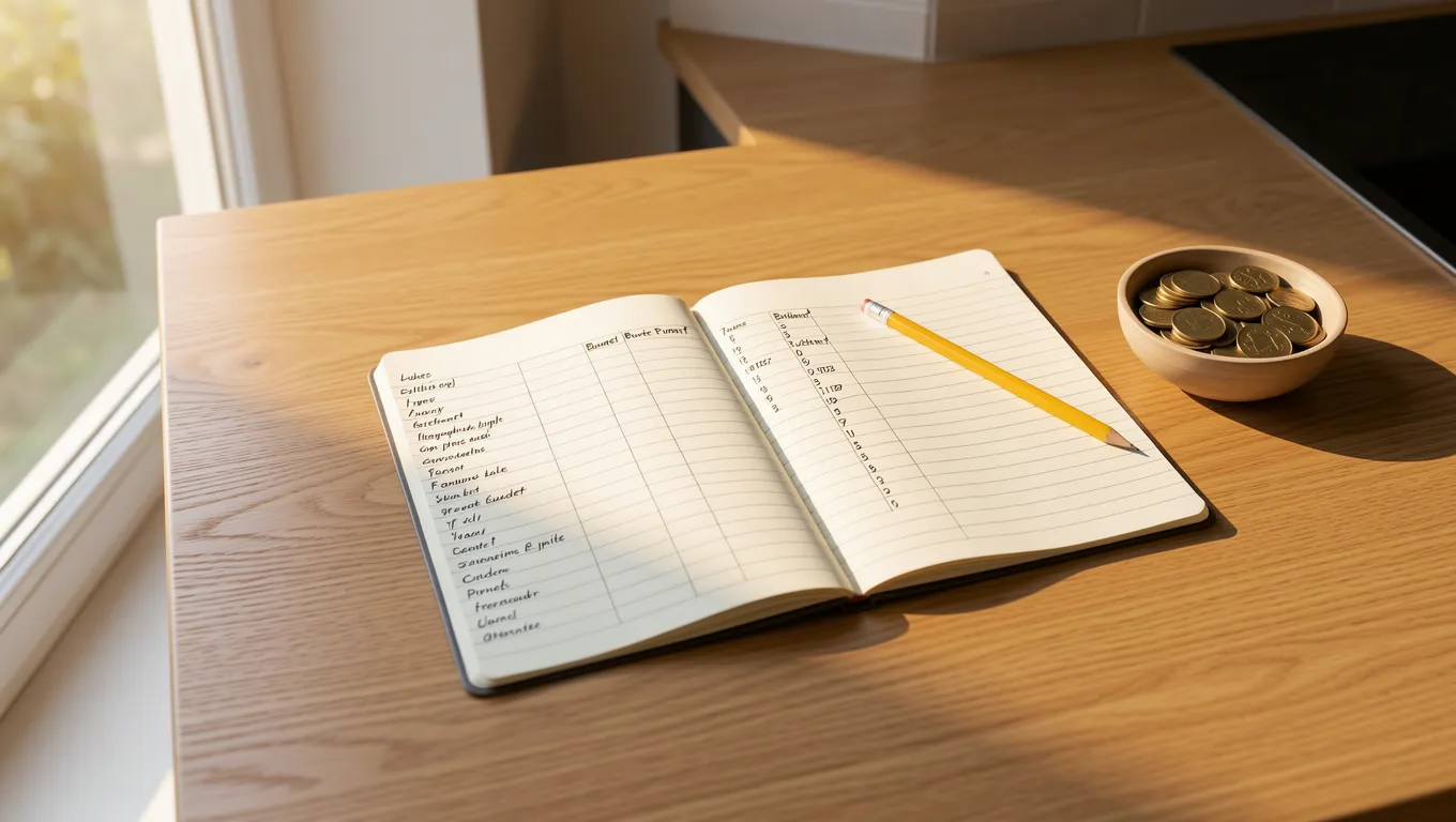 Handwritten budget notes on a wooden table in soft lighting